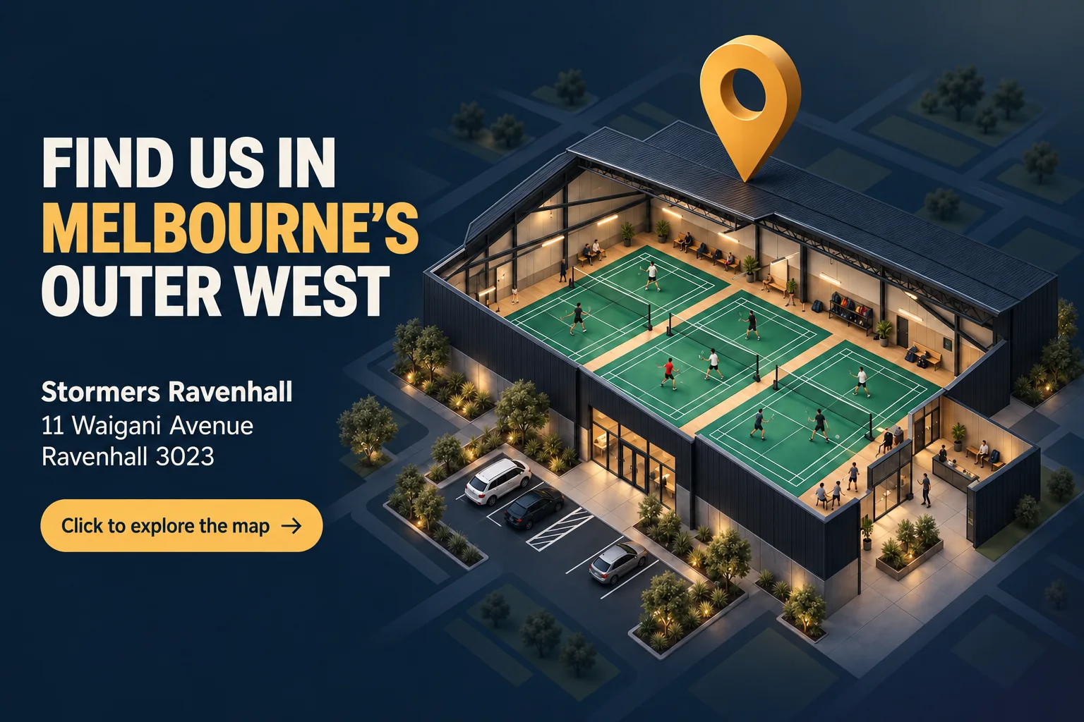 Figurative badminton centre at Stormers Ravenhall, 11 Waigani Avenue, Ravenhall 3023